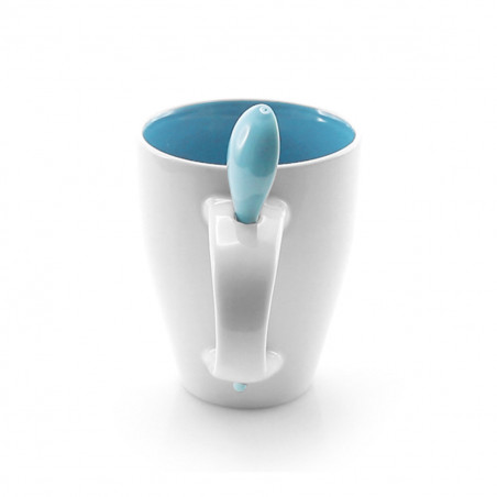 Tazza in ceramica con cucchiaino celeste personalizzato con adesivo di bambino per Battesimi