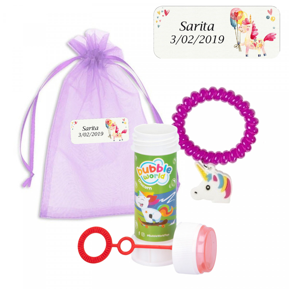 Braccialetto di unicorno e bollicine in sacchetto di organza viola con etichetta di unicorno per gli invitati