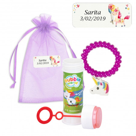 Braccialetto di unicorno e bollicine in sacchetto di organza viola con etichetta di unicorno per gli invitati