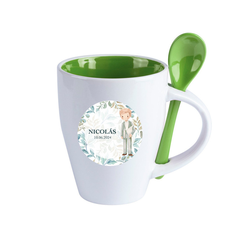 Tazza in ceramica con cucchiaio verde personalizzato e adesivo per bambino di Comunione