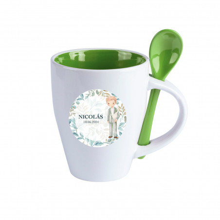 Tazza in ceramica con cucchiaio verde personalizzato e adesivo per bambino di Comunione