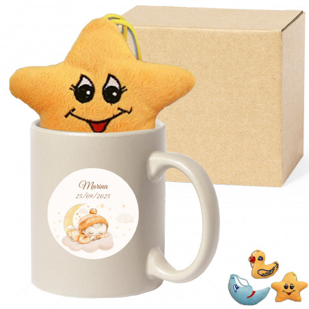 Tazza personalizzata per battesimo con peluche e adesivo con stampa