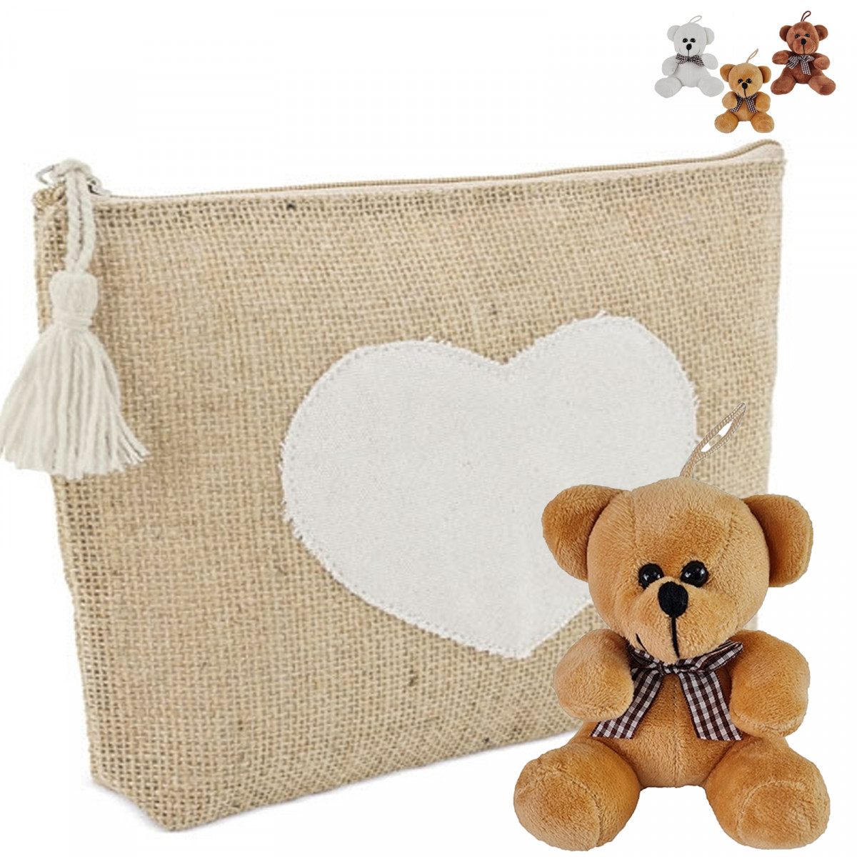 Beauty case in iuta con orsetti assortiti, regalo dolce e originale per eventi speciali