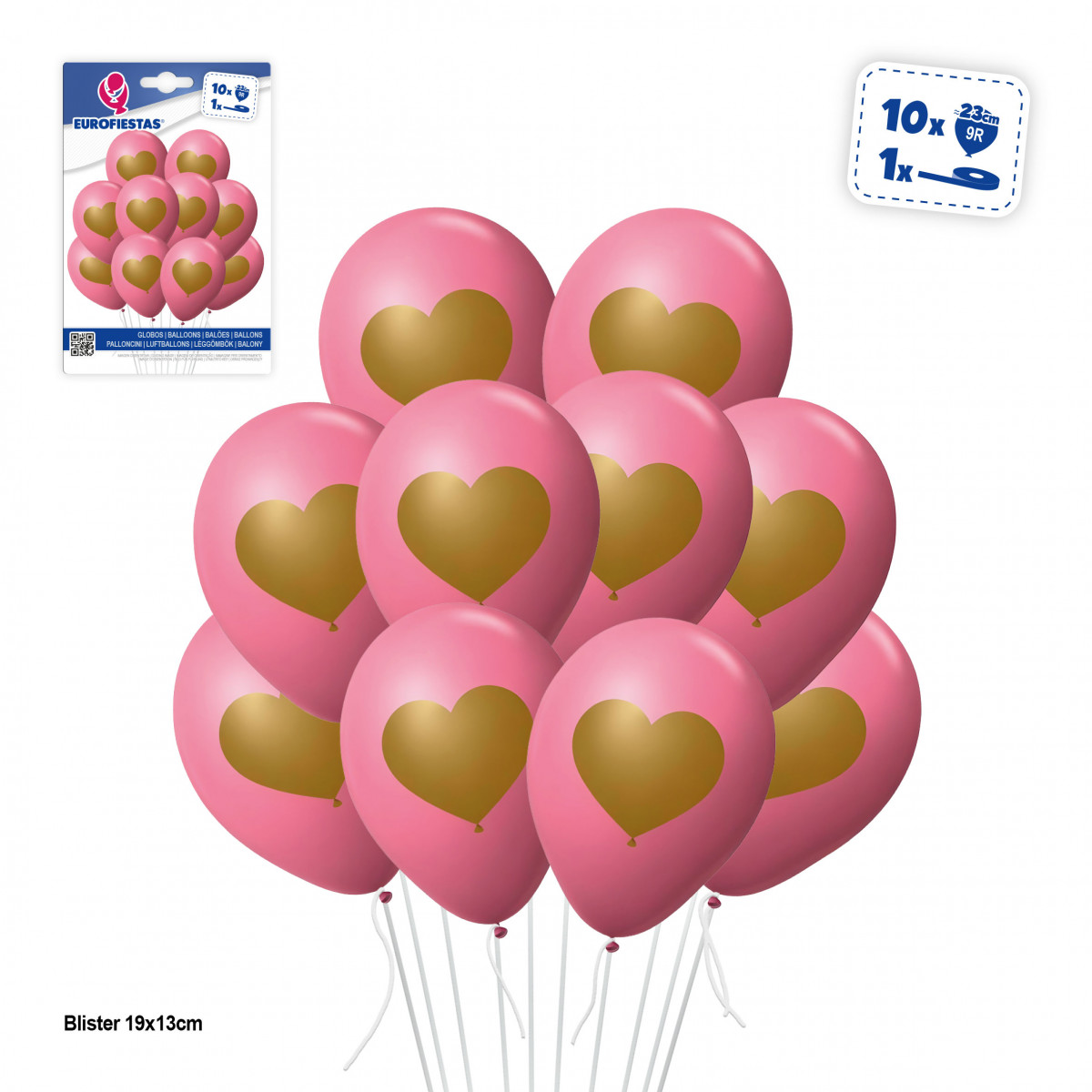 Palloncini rosa con cuori dorati 10 unità da decorare