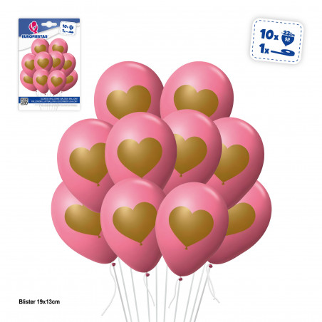 Palloncini rosa con cuori dorati 10 unità da decorare