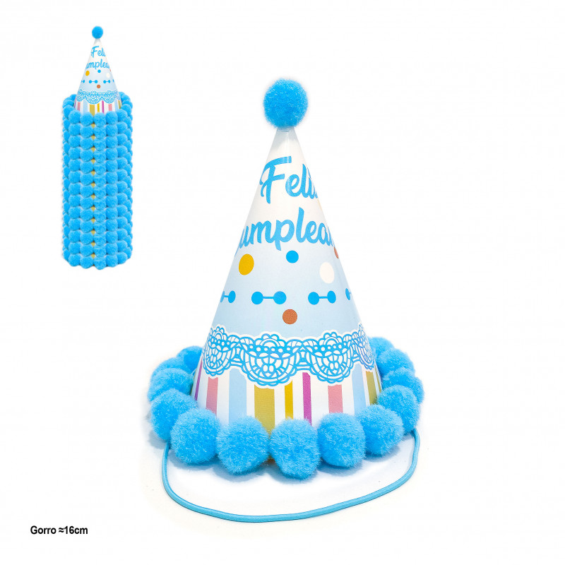 Cappello da festa con pomponi blu e design per compleanno 16cm