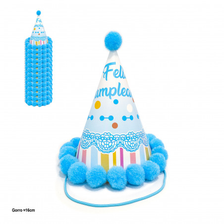 Cappello da festa con pomponi blu e design per compleanno 16cm