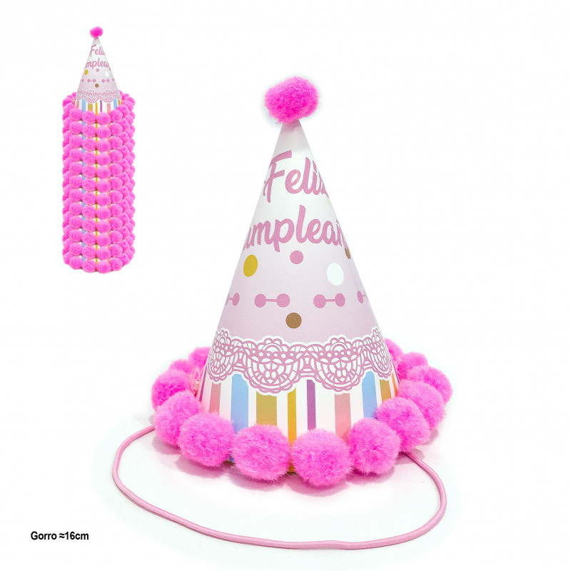 Cappello da festa con pomponi rosa e design per compleanni 16cm