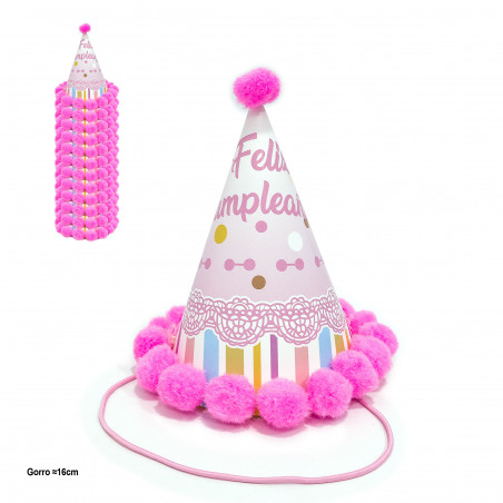Cappello da festa con pomponi rosa e design per compleanni 16cm