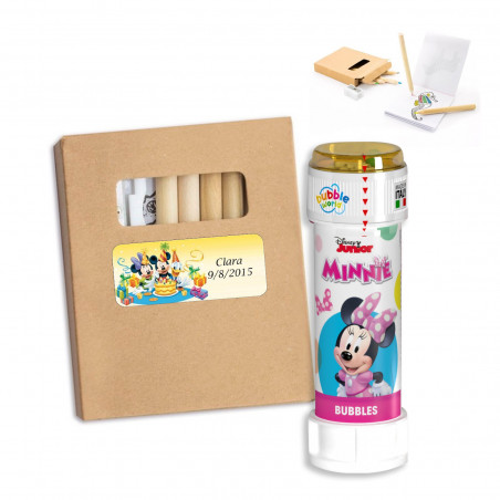 Set da colorare con matite e fogli con adesivo di compleanno e pompetta di Minnie da regalare