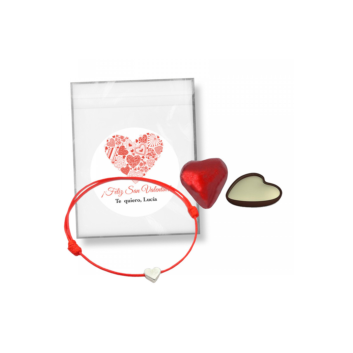 Bracciale in corda con cuore e cioccolatini in sacchetto con adesivo personalizzato da regalare