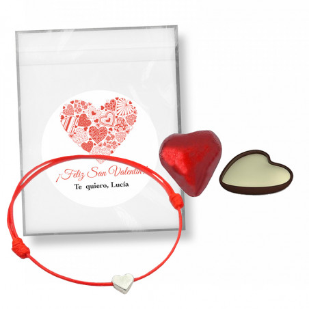 Bracciale in corda con cuore e cioccolatini in sacchetto con adesivo personalizzato da regalare