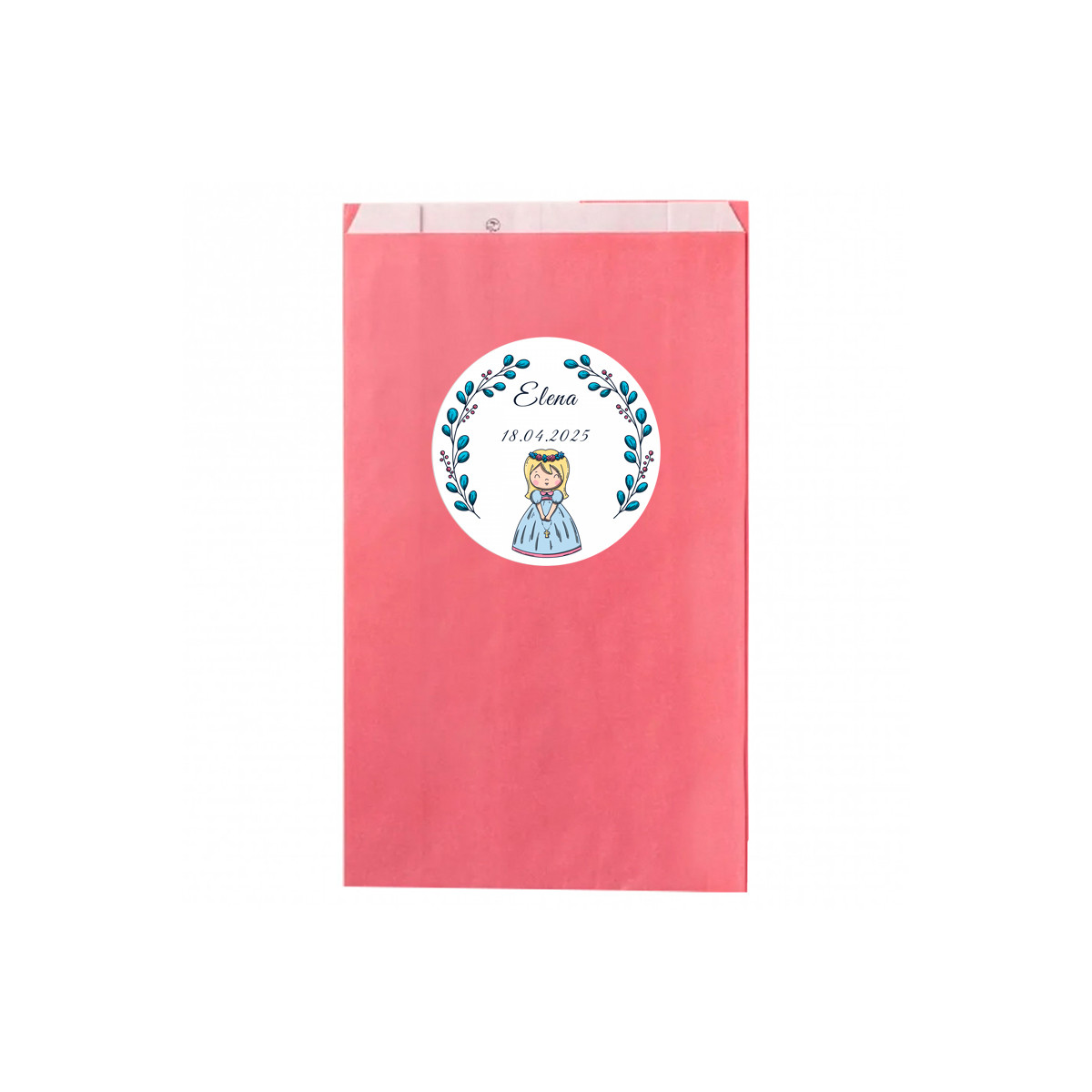 Borsa kraft rosa personalizzata con adesivo per prima comunione bambina