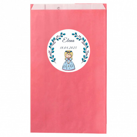 Borsa kraft rosa personalizzata con adesivo per prima comunione bambina