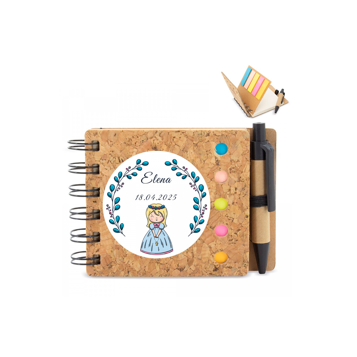 Libretto eco in sughero personalizzato con adesivo prima comunione per dettagli bambina