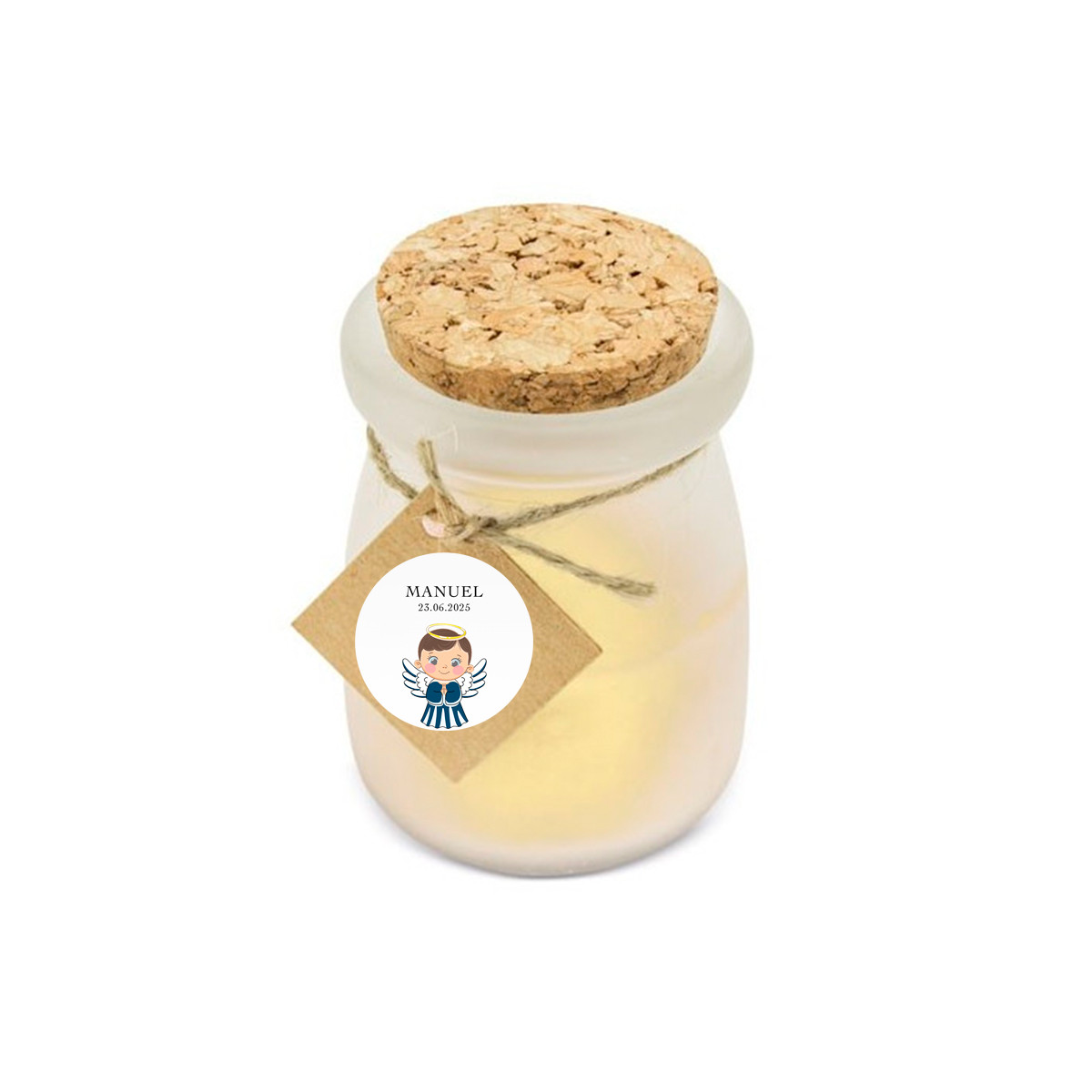 Candela profumata alla vaniglia con adesivo design angelo per dettagli battesimo bambino