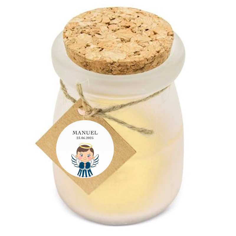 Candela profumata alla vaniglia con adesivo design angelo per dettagli battesimo bambino