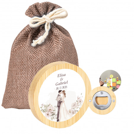 Apribottiglie magnetico personalizzato in bambù con borsa in juta, dettaglio originale per matrimoni