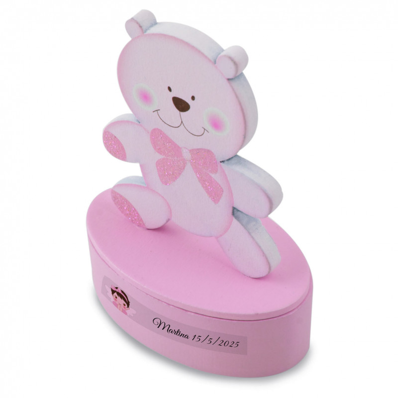 Scatolina di legno a forma di orsetto rosa personalizzata souvenir dolce per battesimo