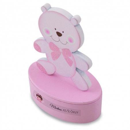 Scatolina di legno a forma di orsetto rosa personalizzata souvenir dolce per battesimo