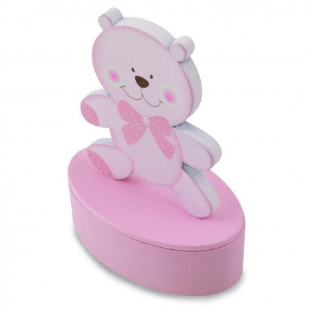 Scatolina di legno a forma di orsetto rosa personalizzata souvenir dolce per battesimo
