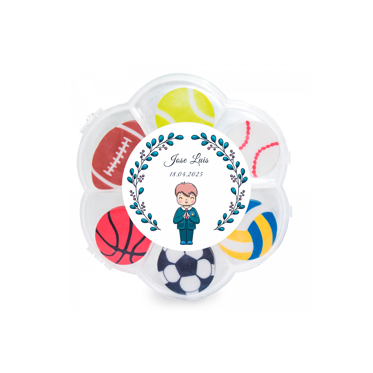 Gomme divertenti con design sportivo personalizzato con adesivo prima comunione