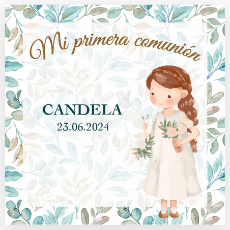 Candela profumata in scatola metallica argentata personalizzata con biglietto e adesivo di comunione per bambina in borsa di