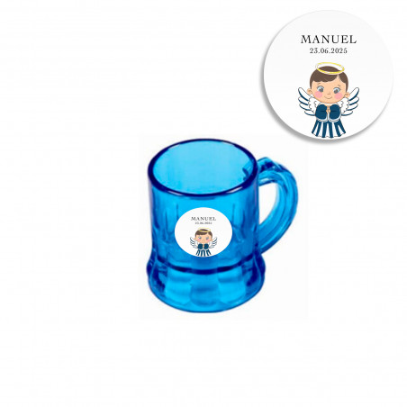 Jarra di shot blu con adesivo di angelo bambino per battesimi