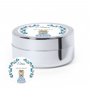 Balsamo argento con elegante adesivo personalizzabile per dettagli prima comunione bambina