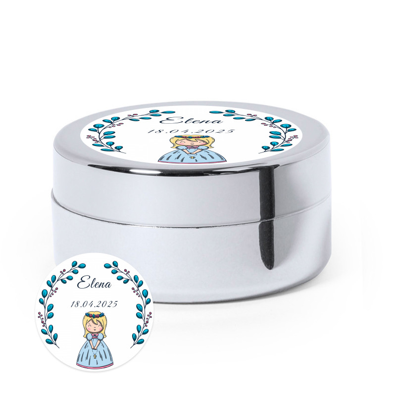 Balsamo argento con elegante adesivo personalizzabile per dettagli prima comunione bambina