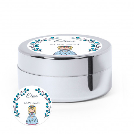 Balsamo argento con elegante adesivo personalizzabile per dettagli prima comunione bambina