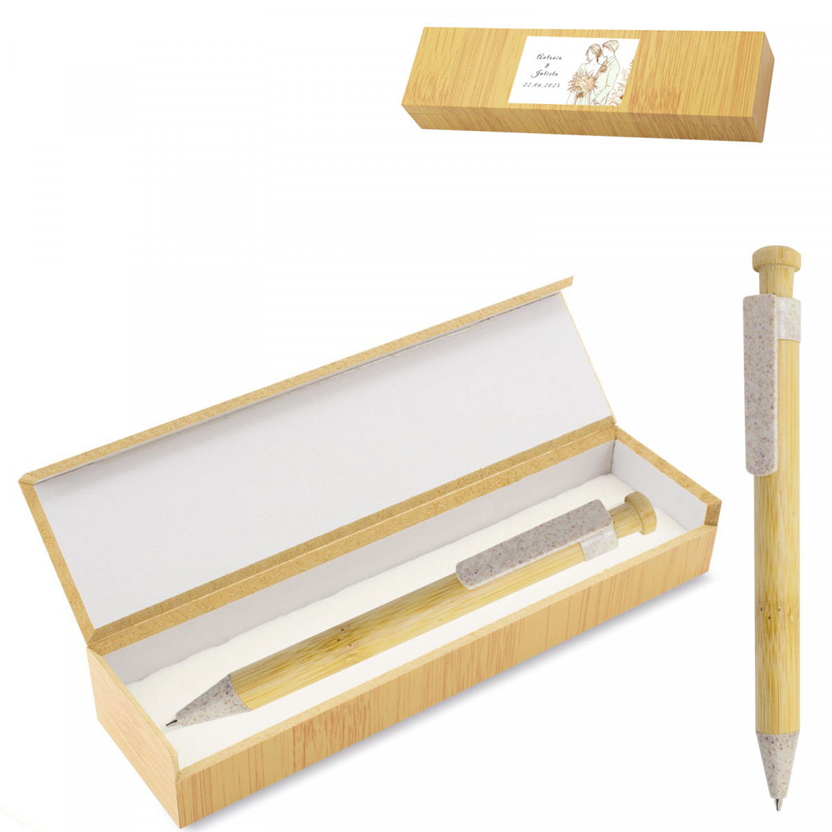 Penna in bambù con scatola personalizzata, dettaglio elegante ed ecologico per matrimoni.