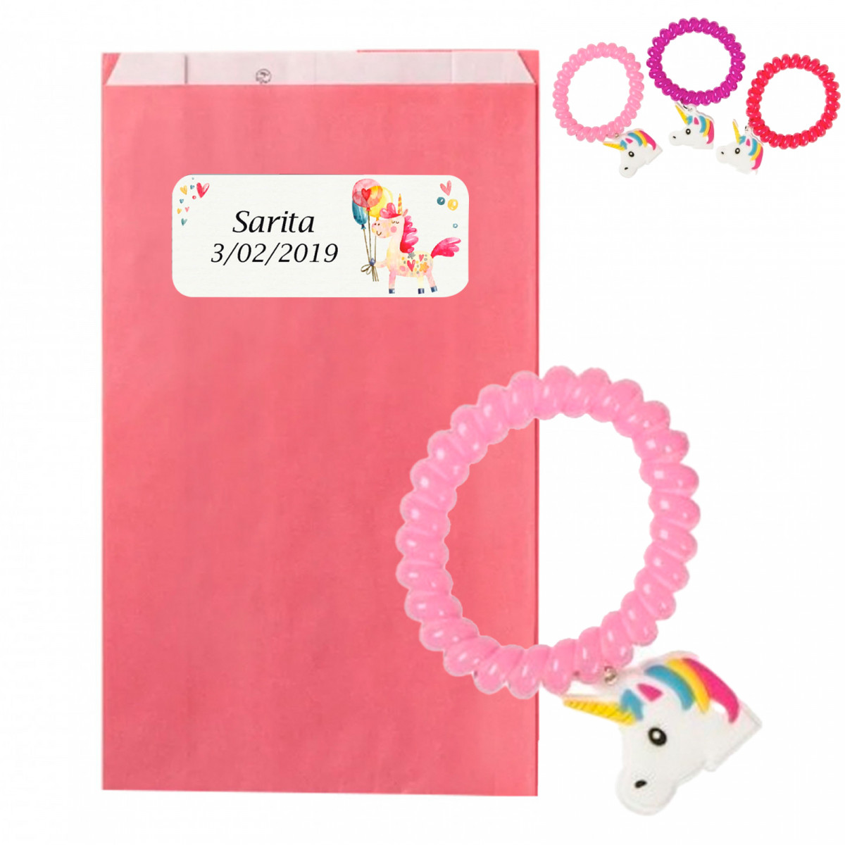 Bracciale unicorno in busta kraft rosa con adesivo personalizzabile da regalare