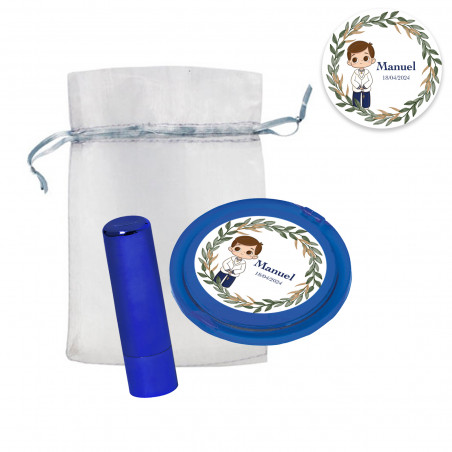 Lucidalabbra e specchio blu personalizzati in borsa di organza per la comunione di un bambino