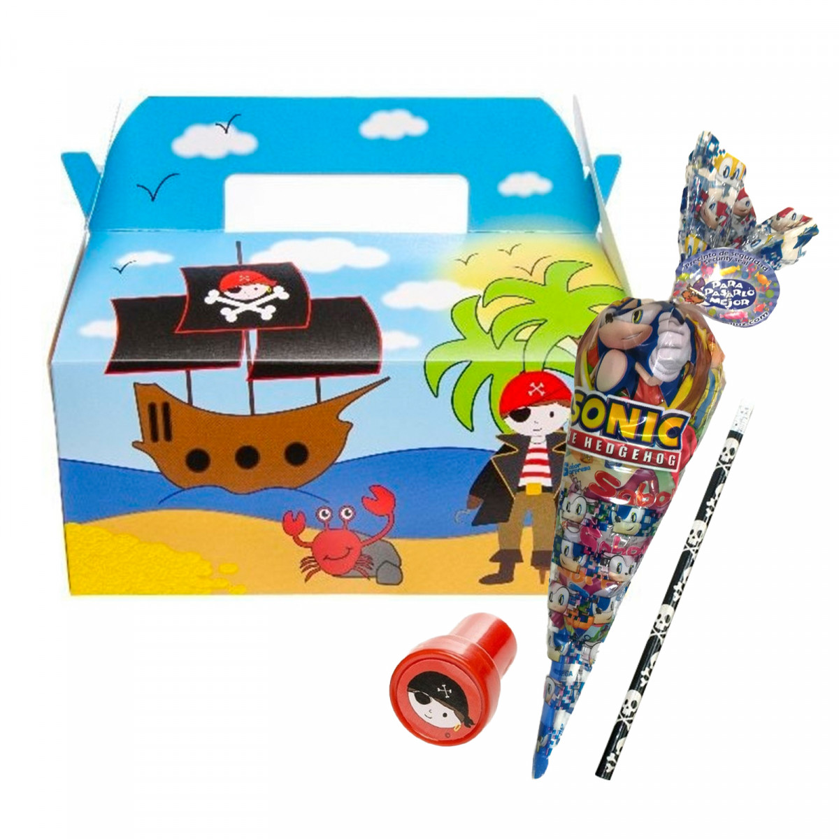 Scatola pirata con matita sigillo e sacchetto di caramelle per bambini