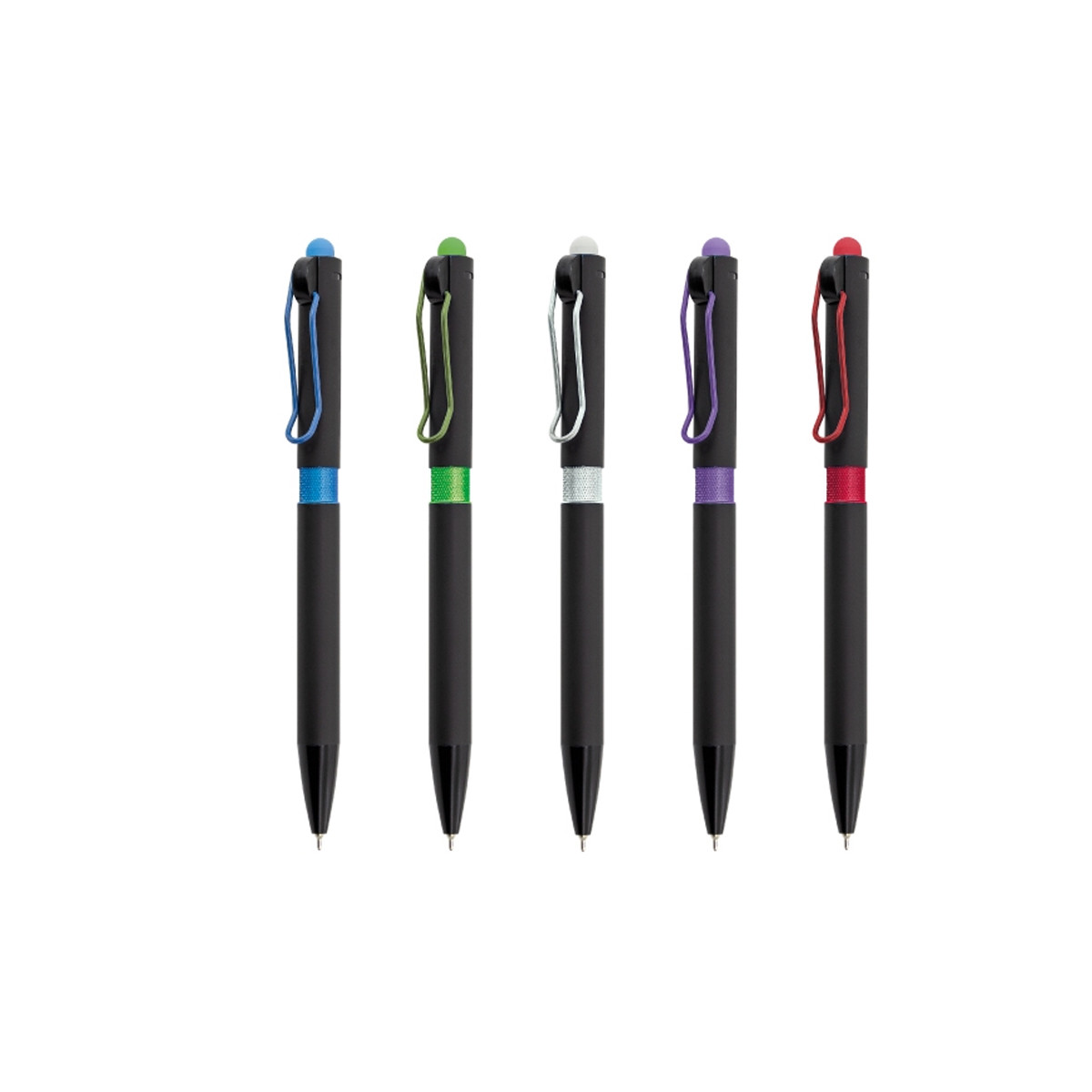 Penna a sfera semigel nera con dettagli di vari colori