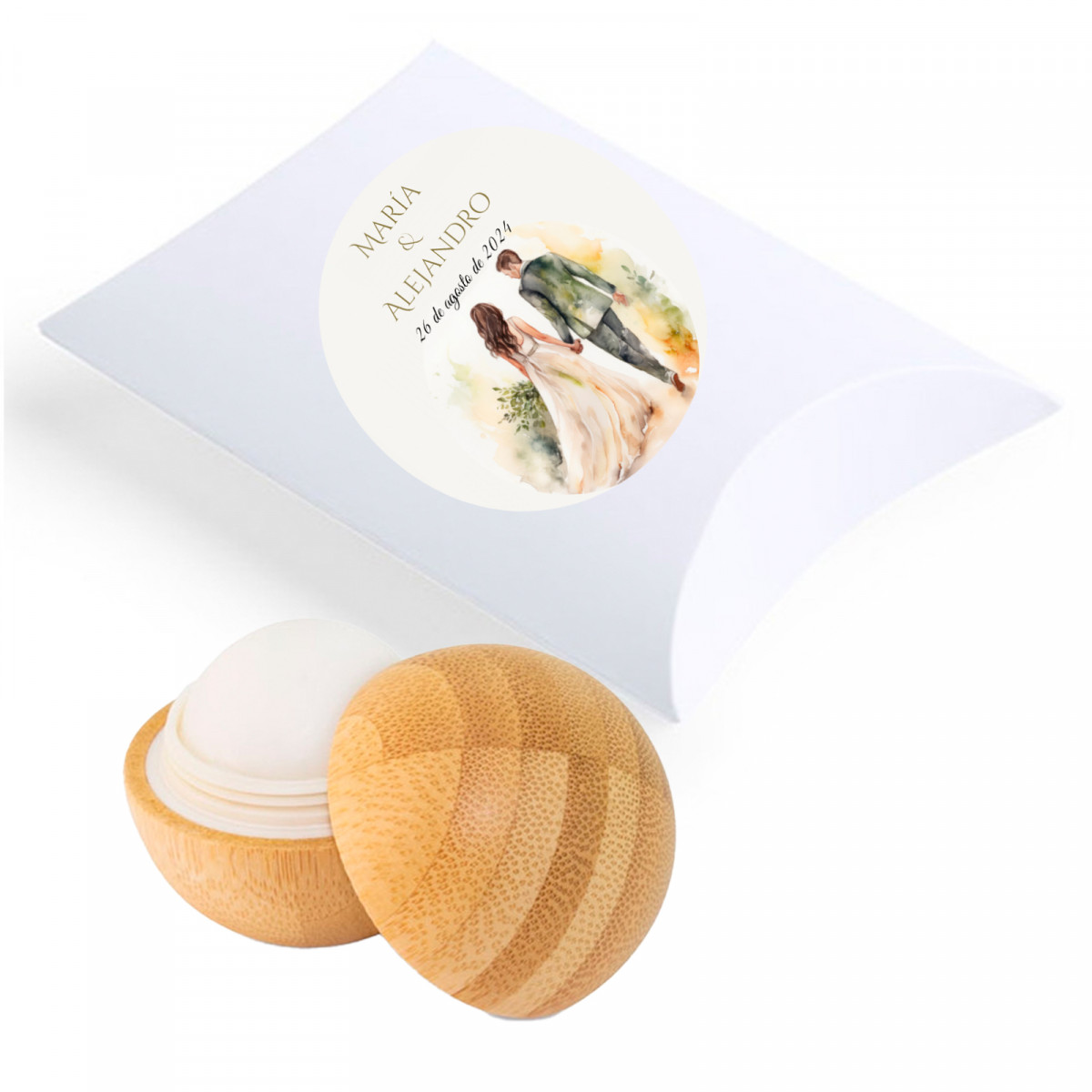 Balsamo labiale di bambù in astuccio bianco con adesivo romantico sposi per bomboniere di matrimonio