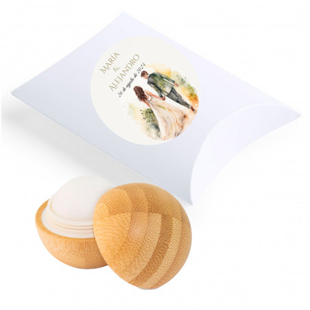 Balsamo labiale di bambù in astuccio bianco con adesivo romantico sposi per bomboniere di matrimonio