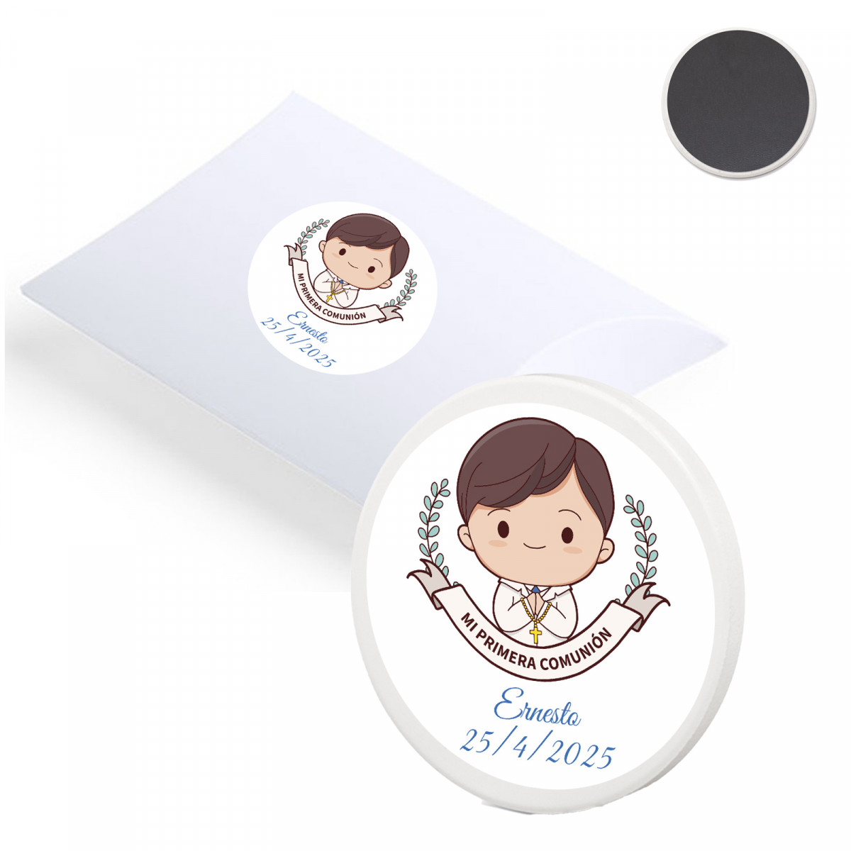 Magnete rotondo in ceramica personalizzato per la comunione di un bambino