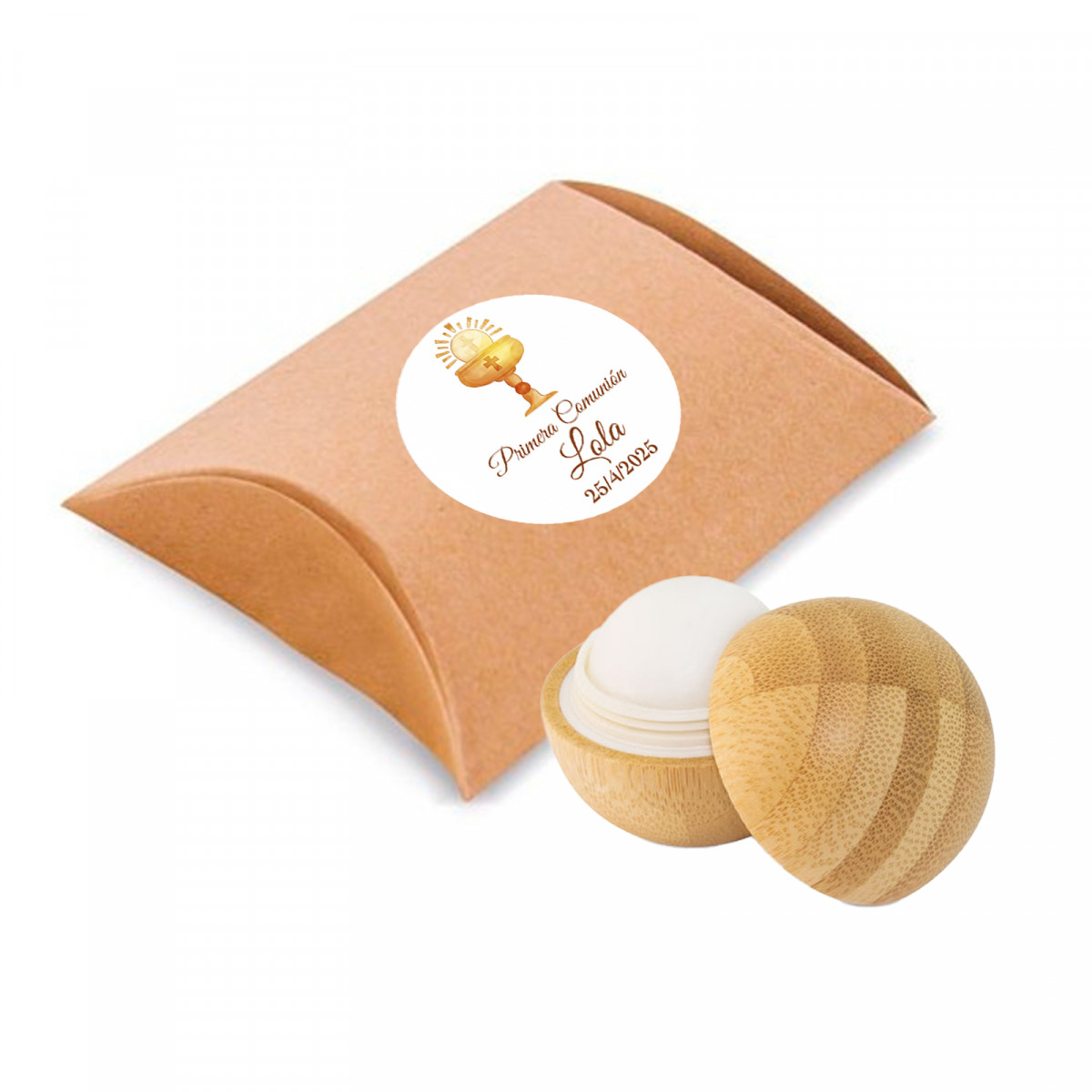 Balsamo labiale eco in bambù in astuccio kraft con adesivo per Prima Comunione