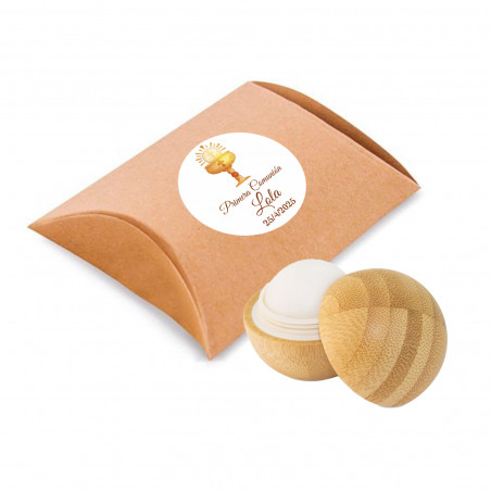 Balsamo labiale eco in bambù in astuccio kraft con adesivo per Prima Comunione