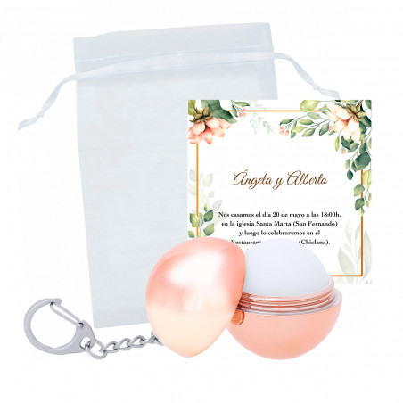 Balsamo labiale in portachiavi con biglietto promemoria floreale in sacchetto di organza bianca per eventi