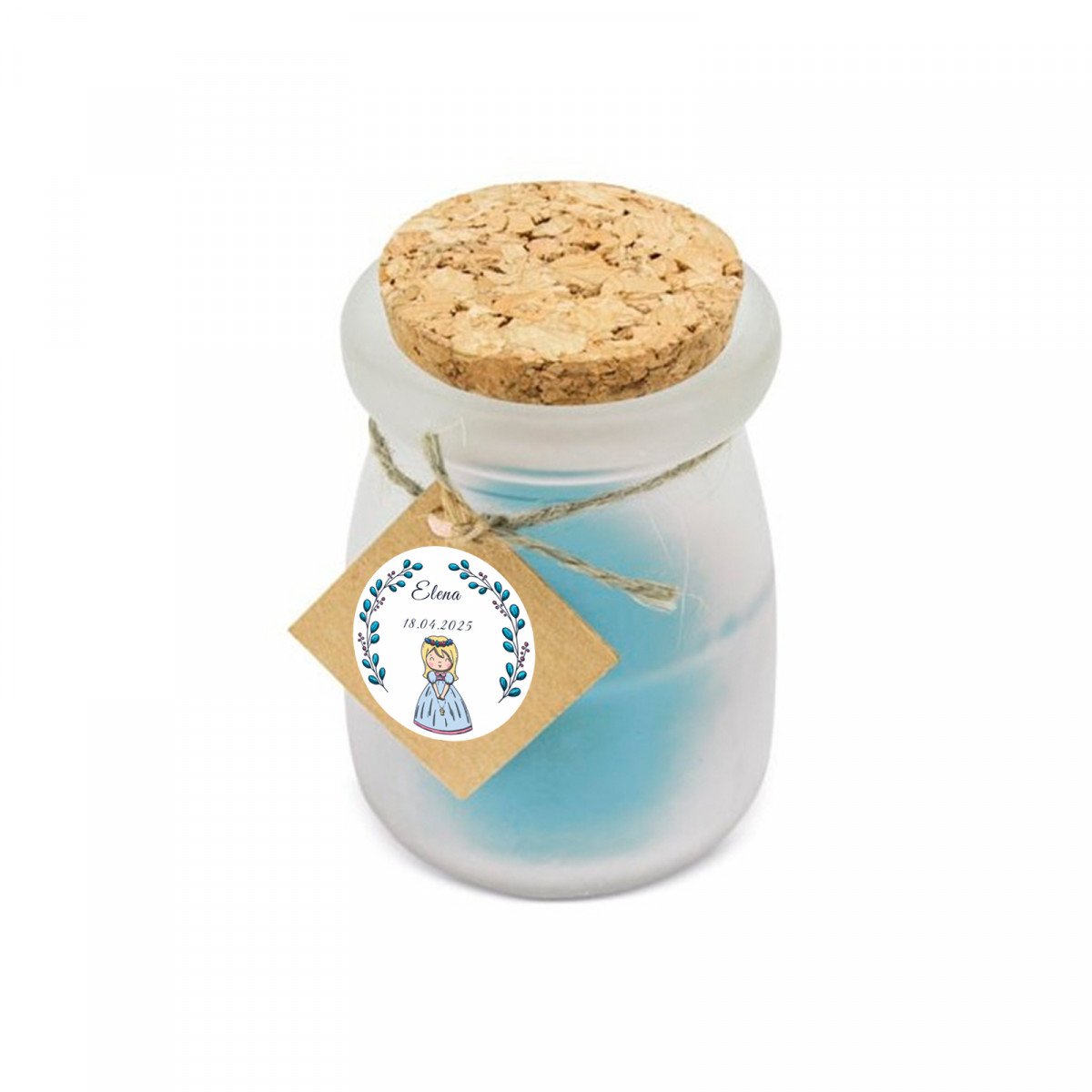 Candela aromatica blu con tappo in sughero e biglietto personalizzato per Comunione di bambina