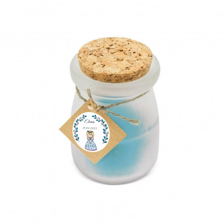 Candela aromatica blu con tappo in sughero e biglietto personalizzato per Comunione di bambina