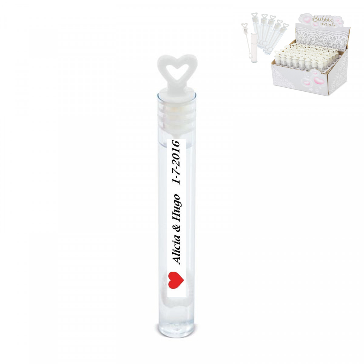 Mini pomperos con fissaggio a forma di cuore in confezione da 48 unità con adesivi di matrimonio personalizzati