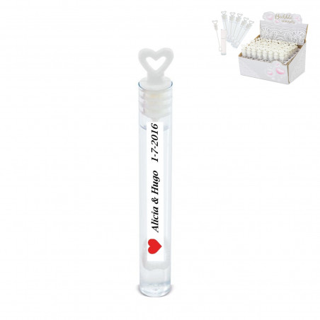 Mini pomperos con fissaggio a forma di cuore in confezione da 48 unità con adesivi di matrimonio personalizzati
