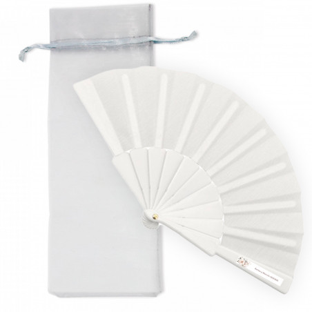 Ventaglio bianco con adesivo floreale personalizzabile in elegante sacchetto di organza da regalare