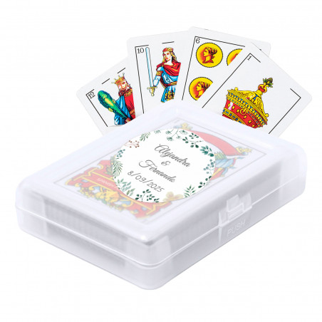 Mazze di carte spagnole in scatola con adesivo a tema erboristico personalizzato da regalare