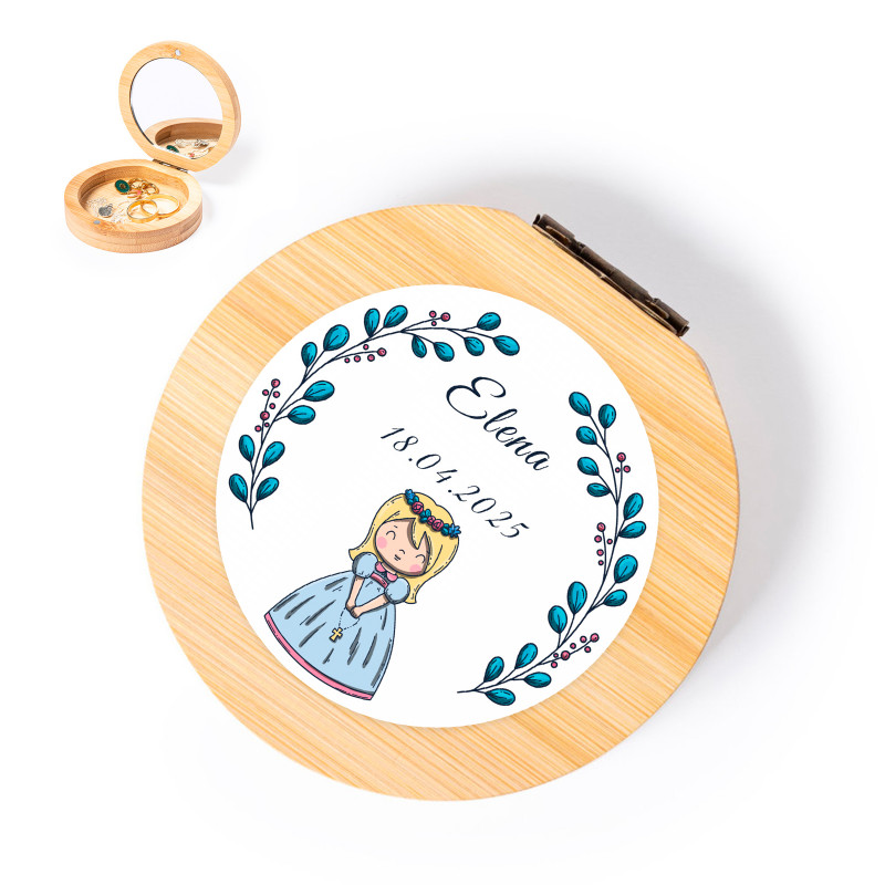 Scatola di bambù con elegante adesivo prima comunione per dettagli bambina