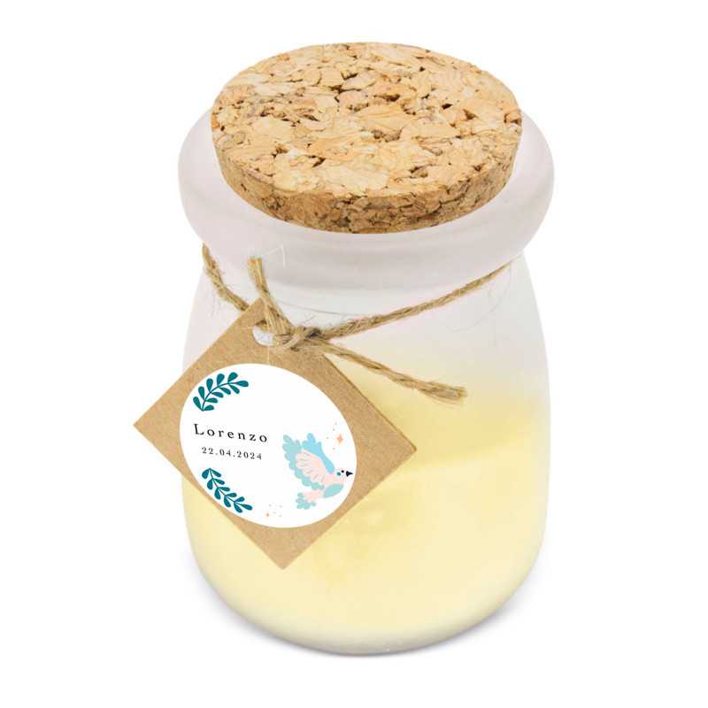Candela aromatica al cocco con etichetta personalizzata colomba per omaggio agli ospiti
